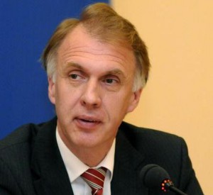 Ukrainan Foreign Minister Volodymyr Ohryzko listens during a press conference after a meeting with his unseen Slovakian counterpart Jan Kubis on May 30, 2008 in Bratislava after their meeting in Bratislava. Ohryzko is on an official visit to Slovakia. AFP PHOTO / SAMUEL KUBANI (Photo credit should read SAMUEL KUBANI/AFP/Getty Images)
